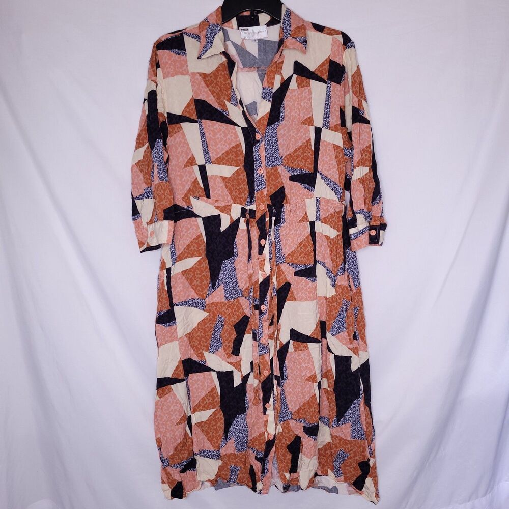 Anthropologie Geometric Midi Shirt Dress in Peach, Navy & Cream